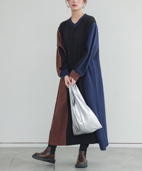 n'OrLABEL(ノアールレーベル)の「裏シャギー異素材ドッキングワンピース(ワンピース・レディース・チャコールグレー/ブラック・FREE)」の3枚目の写真