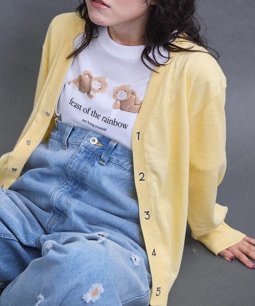 I am I in fact...（アイアムアイインファクト）の「コットン数字刺繍　Vカーディガン（カーディガン/ボレロ・レディース・イエロー/ピンク/サックスブルー/チャコールグレー/グレー・FREE）」の5枚目の写真