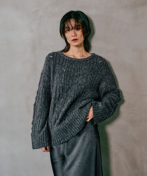 LEPSIM（レプシィム）の「3.5ゲージ柄編みルーズプルオーバー　611368（ニット/セーター・レディース・レッド/グレー/アイボリー/ライトグリーン・FREE）」の3枚目の写真