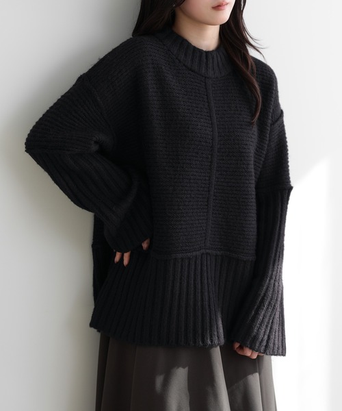 SUNFLOWER EIGHT（サンフラワーエイト）の「モックネックリブ切替ニットプルオーバー（ニット/セーター・レディース・オートミール/杢グレー/ブラック・M）」の5枚目の写真