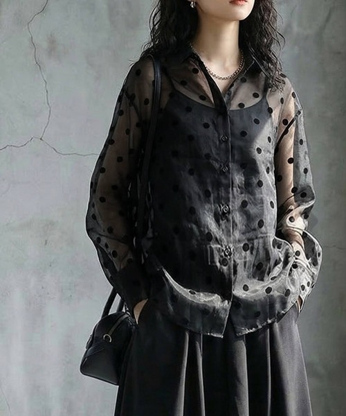 antiqua(アンティカ)の「ドット柄 シアー シャツ(シャツ/ブラウス・レディース・ブラック/ベージュ・ONESIZE)」の11枚目の写真
