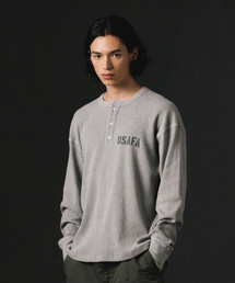 USAFAロゴワッフルヘンリーネックロングスリーブTシャツメランジグレー