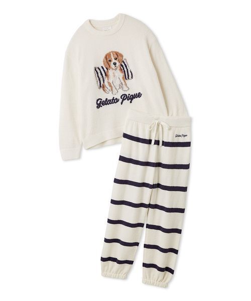 gelato pique(ジェラートピケ)の「【ONLINE限定】【UNISEX】エアリーモコプレイフルDOGジャガードプルオーバー&ボーダーロングパンツセット(ルームウェア/パジャマ・レディース・オフホワイト/ブルー/ネイビー・S-M/M-L)」の4枚目の写真