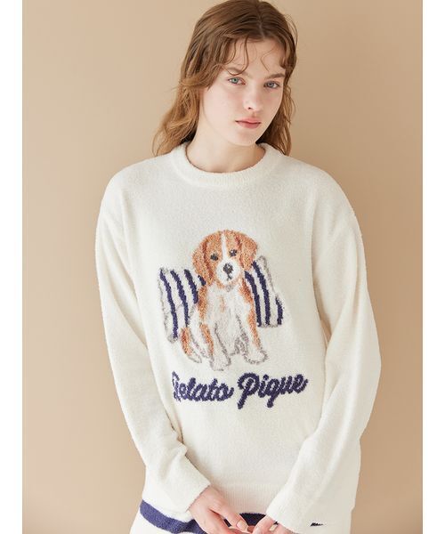 gelato pique(ジェラートピケ)の「【ONLINE限定】【UNISEX】エアリーモコプレイフルDOGジャガードプルオーバー&ボーダーロングパンツセット(ルームウェア/パジャマ・レディース・オフホワイト/ブルー/ネイビー・S-M/M-L)」の5枚目の写真