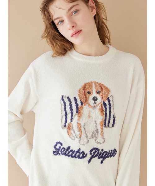 gelato pique(ジェラートピケ)の「【ONLINE限定】【UNISEX】エアリーモコプレイフルDOGジャガードプルオーバー&ボーダーロングパンツセット(ルームウェア/パジャマ・レディース・オフホワイト/ブルー/ネイビー・S-M/M-L)」の9枚目の写真