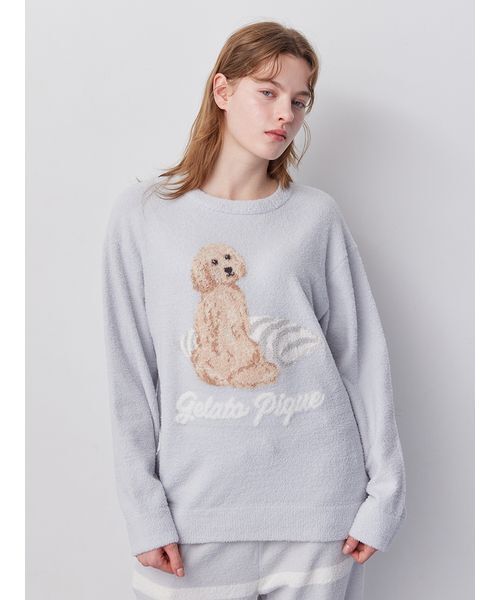 gelato pique(ジェラートピケ)の「【ONLINE限定】【UNISEX】エアリーモコプレイフルDOGジャガードプルオーバー&ボーダーロングパンツセット(ルームウェア/パジャマ・レディース・オフホワイト/ブルー/ネイビー・S-M/M-L)」の13枚目の写真