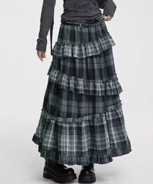 チェック柄 ゴムウエスト レトロ ガーリーティアード ロングスカート