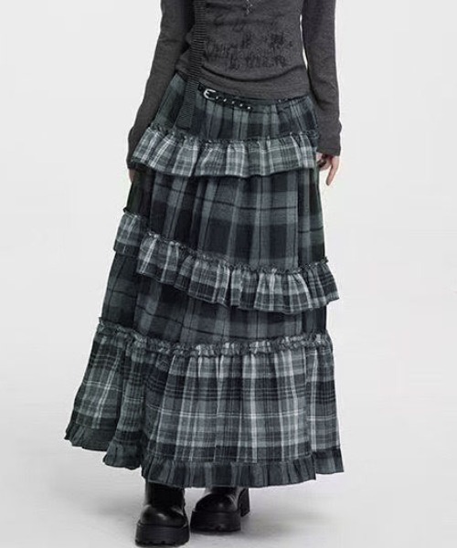 gossip!ロサンゼルス(ゴシップロサンゼルス)の「チェック柄 ゴムウエスト レトロ ガーリーティアード ロングスカート(スカート・レディース・ブラウン/グレー・M)」の11枚目の写真
