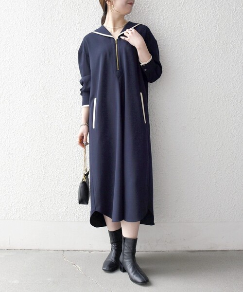 SHIPS any:〈洗濯機可能〉セーラーカラー 配色 ジップ ワンピース