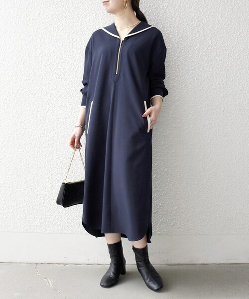 SHIPS any:〈洗濯機可能〉セーラーカラー 配色 ジップ ワンピース