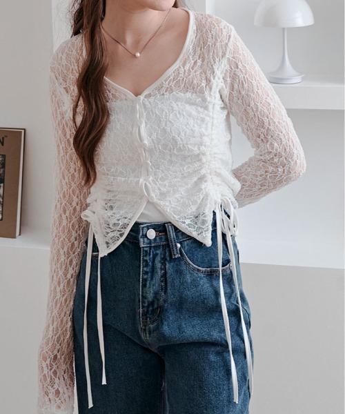 kirakiraShop(キラキラショップ)の「レース シャーリング ショート カーディガン(Tシャツ/カットソー・レディース・グレー/ブラック/ホワイト・FREE)」の4枚目の写真