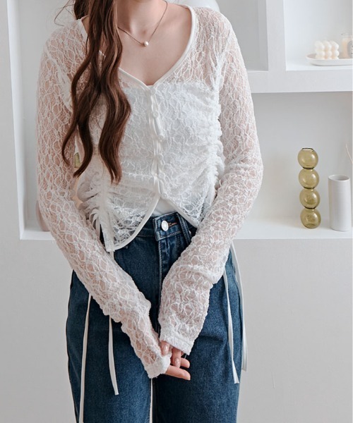 kirakiraShop(キラキラショップ)の「レース シャーリング ショート カーディガン(Tシャツ/カットソー・レディース・グレー/ブラック/ホワイト・FREE)」の5枚目の写真