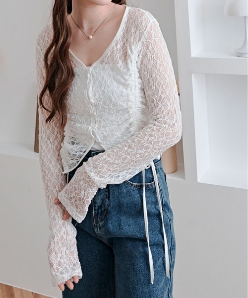 kirakiraShop(キラキラショップ)の「レース シャーリング ショート カーディガン(Tシャツ/カットソー・レディース・グレー/ブラック/ホワイト・FREE)」の6枚目の写真