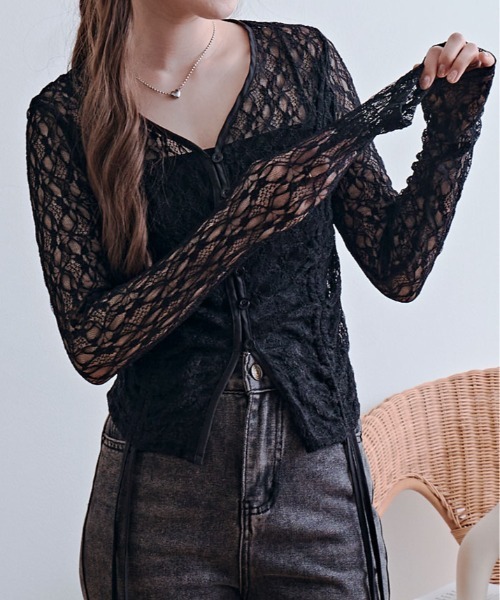 kirakiraShop(キラキラショップ)の「レース シャーリング ショート カーディガン(Tシャツ/カットソー・レディース・グレー/ブラック/ホワイト・FREE)」の9枚目の写真
