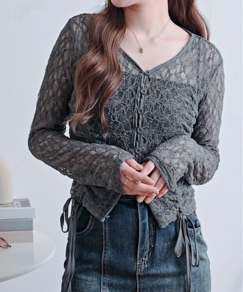 kirakiraShop(キラキラショップ)の「レース シャーリング ショート カーディガン(Tシャツ/カットソー・レディース・グレー/ブラック/ホワイト・FREE)」の11枚目の写真