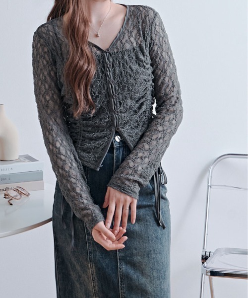 kirakiraShop(キラキラショップ)の「レース シャーリング ショート カーディガン(Tシャツ/カットソー・レディース・グレー/ブラック/ホワイト・FREE)」の12枚目の写真