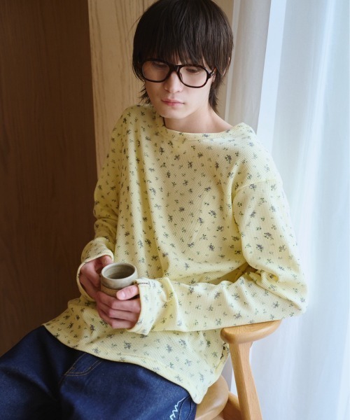 common gull products.（コモンガルプロダクツ）の「小さなお花畑のワッフルTEE、芽心（Tシャツ/カットソー・レディース・ネイビー/ライトブルー/ホワイト系/イエロー系・SMALL/MEDIUM/LARGE）」の8枚目の写真