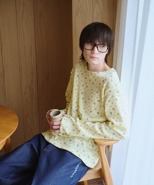 common gull products.（コモンガルプロダクツ）の「小さなお花畑のワッフルTEE、芽心（Tシャツ/カットソー・レディース・ネイビー/ライトブルー/ホワイト系/イエロー系・SMALL/MEDIUM/LARGE）」の9枚目の写真