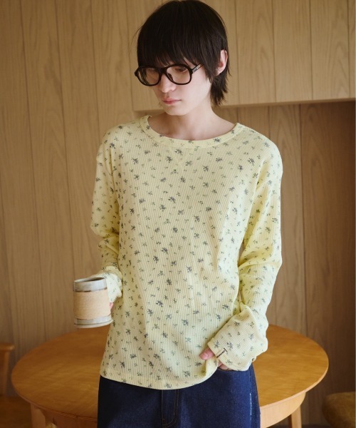 common gull products.（コモンガルプロダクツ）の「小さなお花畑のワッフルTEE、芽心（Tシャツ/カットソー・レディース・ネイビー/ライトブルー/ホワイト系/イエロー系・SMALL/MEDIUM/LARGE）」の10枚目の写真
