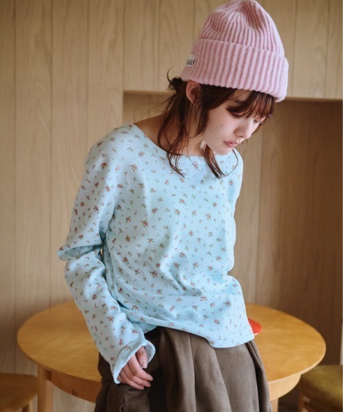 common gull products.（コモンガルプロダクツ）の「小さなお花畑のワッフルTEE、芽心（Tシャツ/カットソー・レディース・ネイビー/ライトブルー/ホワイト系/イエロー系・SMALL/MEDIUM/LARGE）」の15枚目の写真