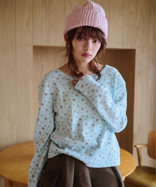 common gull products.（コモンガルプロダクツ）の「小さなお花畑のワッフルTEE、芽心（Tシャツ/カットソー・レディース・ネイビー/ライトブルー/ホワイト系/イエロー系・SMALL/MEDIUM/LARGE）」の16枚目の写真