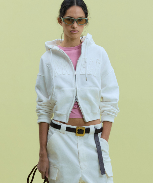 LONELY/LOVELY CROP HOODIE ZIP‑UP WHITE — укороченное худи на молнии, белое