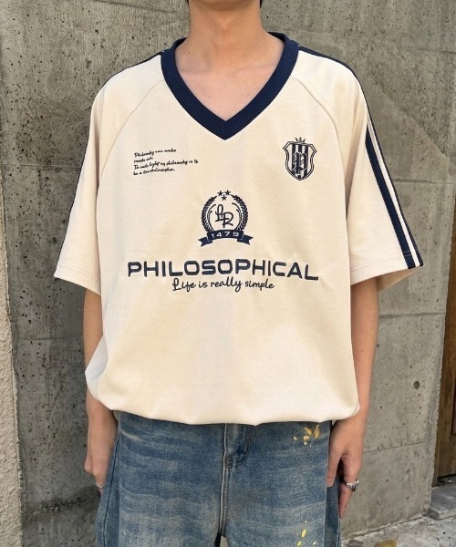 link lot(リンクロット)の「フェイクスエード Vネックサイドライン ドローコード付き ゲームシャツ(Tシャツ/カットソー・メンズ・チャコール/アイボリー/ネイビー・L/M)」の1枚目の写真