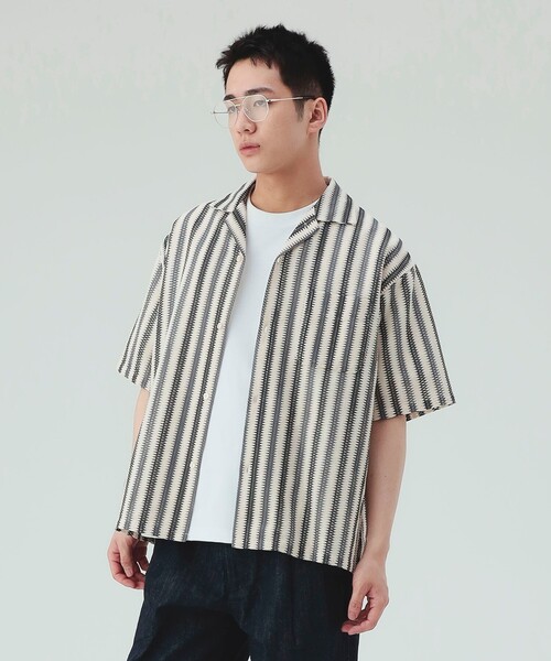 BEAMS HEART(ビームスハート)の「ストライプ メッシュレース オープンカラーシャツ(シャツ/ブラウス・メンズ・ブラック/ブラウン・LARGE/MEDIUM/SMALL)」の7枚目の写真