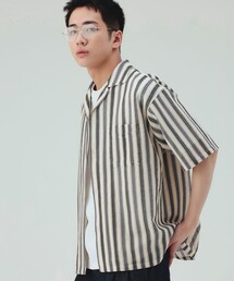 【ユニセックス】ストライプ メッシュレース オープンカラーシャツ