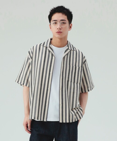 BEAMS HEART(ビームスハート)の「ストライプ メッシュレース オープンカラーシャツ(シャツ/ブラウス・メンズ・ブラック/ブラウン・LARGE/MEDIUM/SMALL)」の4枚目の写真