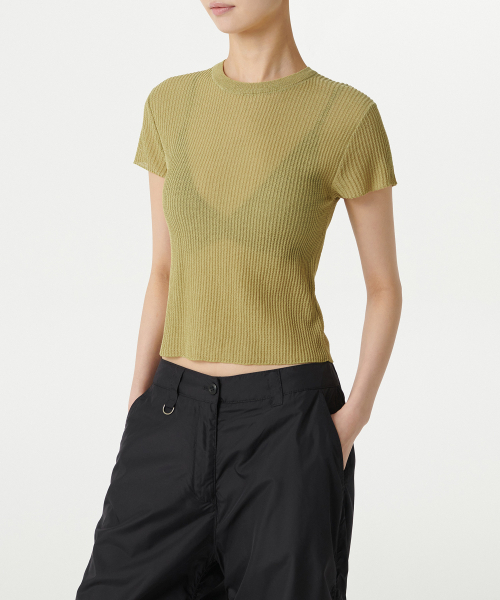 MUSINSA STANDARD WOMAN（ムシンサスタンダードウーマン）の「ウィメンズシアーテクスチャークルネック半袖ニット[ライトモス]（ニット/セーター・レディース・その他・SMALL/MEDIUM/LARGE/X-SMALL）」の3枚目の写真