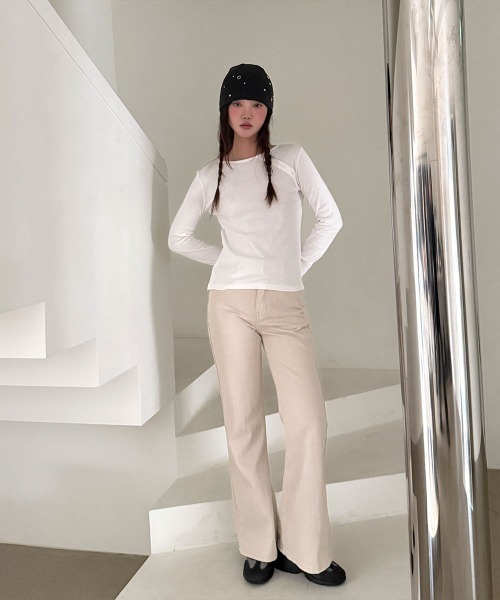 4INT.(フォイント)の「ベーシック スリム コットン セミブーツカット パンツ(その他パンツ・レディース・カーキ/ブラック/ベージュ・L/M/S)」の6枚目の写真