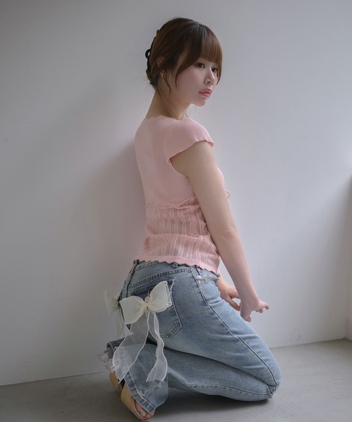 M DOLLY(エムドリー)の「Ribbon remi flare denim / リボンレミフレアデニム(デニムパンツ・レディース・ダークブルー・M/S)」の4枚目の写真