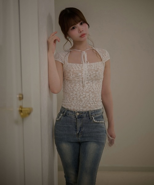 M DOLLY(エムドリー)の「Ribbon remi flare denim / リボンレミフレアデニム(デニムパンツ・レディース・ダークブルー・M/S)」の6枚目の写真