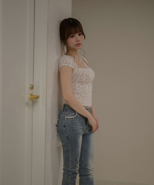 M DOLLY(エムドリー)の「Ribbon remi flare denim / リボンレミフレアデニム(デニムパンツ・レディース・ダークブルー・M/S)」の8枚目の写真