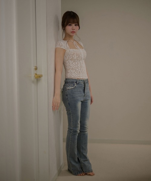 M DOLLY(エムドリー)の「Ribbon remi flare denim / リボンレミフレアデニム(デニムパンツ・レディース・ダークブルー・M/S)」の9枚目の写真