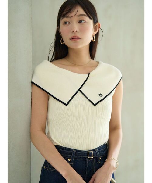 LAGUNAMOON(ラグナムーン)の「アシメカラーネックニット 【夏服】(ニット/セーター・レディース・ホワイト/ライム/ブラウン・FREE)」の4枚目の写真