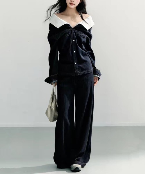 FAVORITO(ファヴォリート)の「デニムボートネックシャツ(シャツ/ブラウス・レディース・ダークブルー・M/S/XL/L)」の7枚目の写真