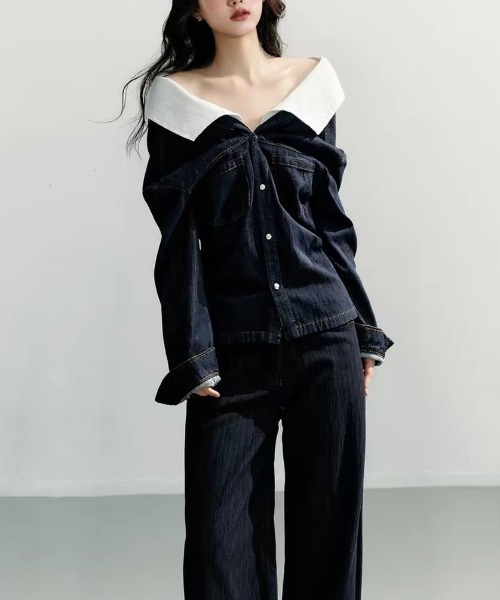FAVORITO(ファヴォリート)の「デニムボートネックシャツ(シャツ/ブラウス・レディース・ダークブルー・M/S/XL/L)」の8枚目の写真