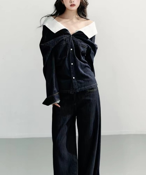 FAVORITO(ファヴォリート)の「デニムボートネックシャツ(シャツ/ブラウス・レディース・ダークブルー・M/S/XL/L)」の9枚目の写真