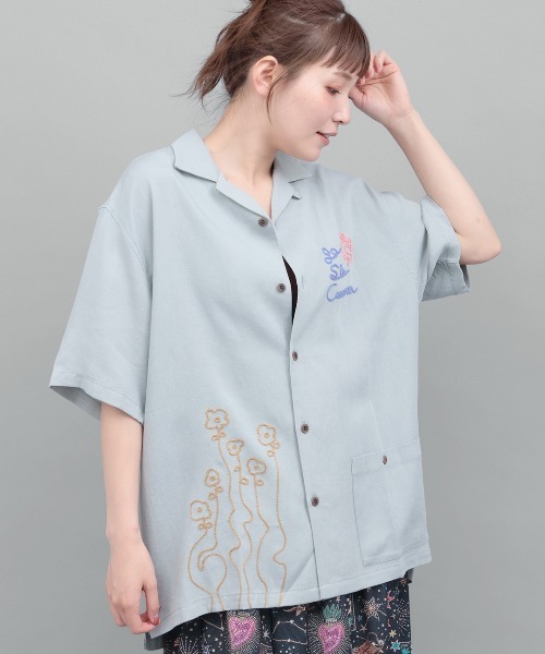 チチカカ(チチカカ)の「go slow caravan リネン混刺繍オープンシャツ【ユニセックス】(シャツ/ブラウス・レディース・オレンジ/ダークブラウン/ブルー・LARGE)」の7枚目の写真