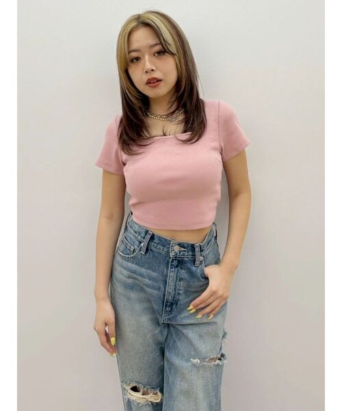 EVRIS（エヴリス）の「【パッド付】2WAYバックリボンスクエアネックハーフスリーブトップス　半袖　夏服（Tシャツ/カットソー・レディース・ブラック/ホワイト/ピンク/グリーン・FREE）」の15枚目の写真