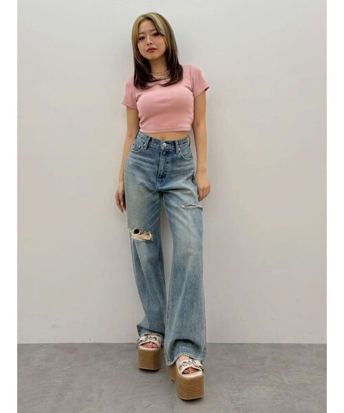 EVRIS（エヴリス）の「【パッド付】2WAYバックリボンスクエアネックハーフスリーブトップス　半袖　夏服（Tシャツ/カットソー・レディース・ブラック/ホワイト/ピンク/グリーン・FREE）」の14枚目の写真