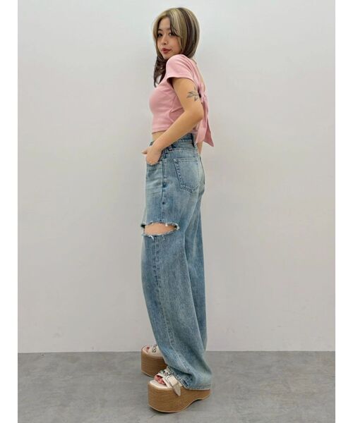 EVRIS（エヴリス）の「【パッド付】2WAYバックリボンスクエアネックハーフスリーブトップス　半袖　夏服（Tシャツ/カットソー・レディース・ブラック/ホワイト/ピンク/グリーン・FREE）」の13枚目の写真