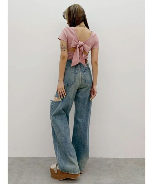 EVRIS（エヴリス）の「【パッド付】2WAYバックリボンスクエアネックハーフスリーブトップス　半袖　夏服（Tシャツ/カットソー・レディース・ブラック/ホワイト/ピンク/グリーン・FREE）」の12枚目の写真