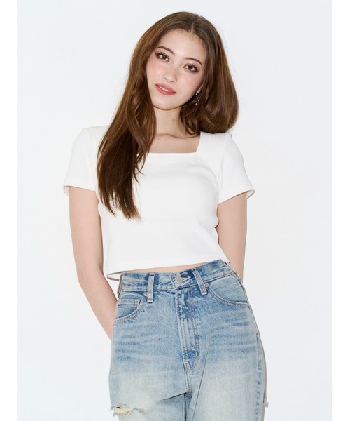 EVRIS（エヴリス）の「【パッド付】2WAYバックリボンスクエアネックハーフスリーブトップス　半袖　夏服（Tシャツ/カットソー・レディース・ブラック/ホワイト/ピンク/グリーン・FREE）」の2枚目の写真