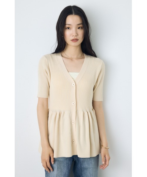 AZUL by moussy(アズールバイマウジー)の「【身長別着用画像あり】ペプラム5分袖ニットカーディガン 春服 夏服 秋服 体系カバー 着やせ(カーディガン/ボレロ・レディース・ライトグレー/アイボリー/ブラック・FREE)」の1枚目の写真
