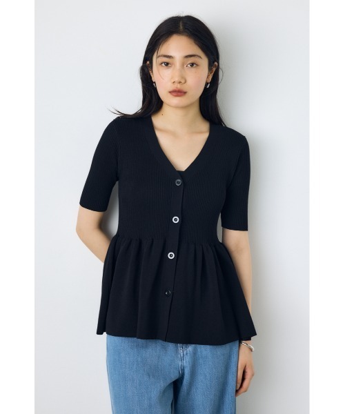 AZUL by moussy(アズールバイマウジー)の「【身長別着用画像あり】ペプラム5分袖ニットカーディガン 春服 夏服 秋服 体系カバー 着やせ(カーディガン/ボレロ・レディース・ライトグレー/アイボリー/ブラック・FREE)」の2枚目の写真