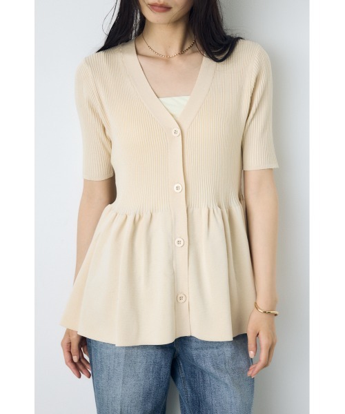 AZUL by moussy(アズールバイマウジー)の「【身長別着用画像あり】ペプラム5分袖ニットカーディガン 春服 夏服 秋服 体系カバー 着やせ(カーディガン/ボレロ・レディース・ライトグレー/アイボリー/ブラック・FREE)」の5枚目の写真