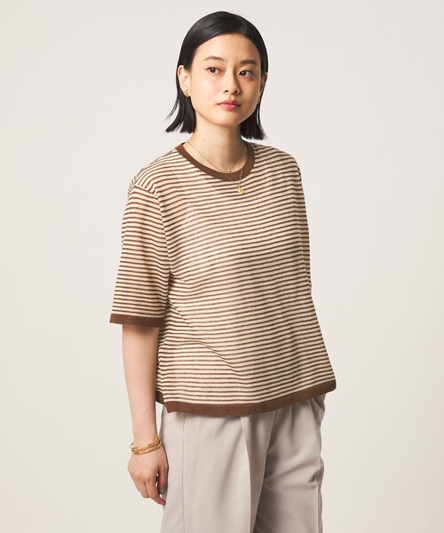 A DAY IN THE LIFE UNITED ARROWS(アデイインザライフユナイテッドアローズ)の「シアー マルチボーダー ショートスリーブニット ‐ウォッシャブル‐<A DAY IN THE LIFE>(ニット/セーター・レディース・ブラウン系/ライトグレー・FREE)」の3枚目の写真